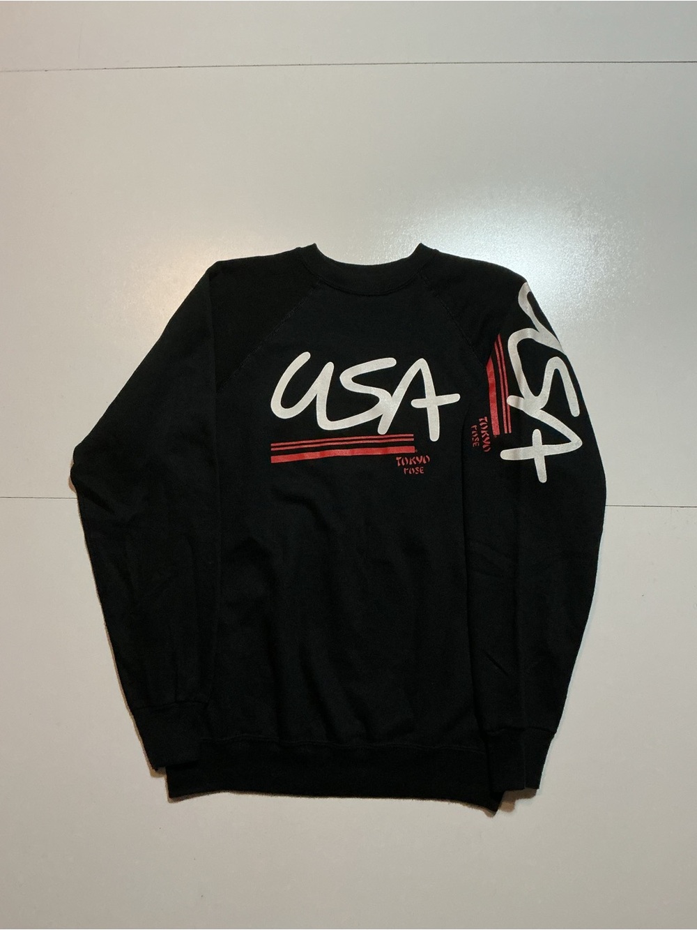 Vintage 80s Tokyo Rose USA Made In
USA 50/50 Black Graphic Fleece Sweatshirt